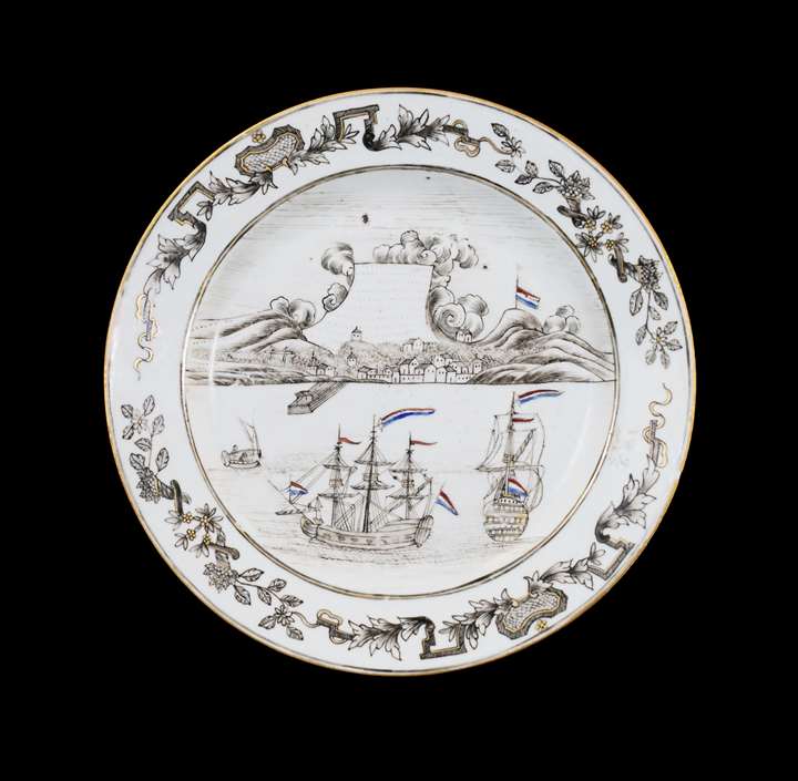 Chinese export porcelain grisaille dinner plate, cape of good hope
